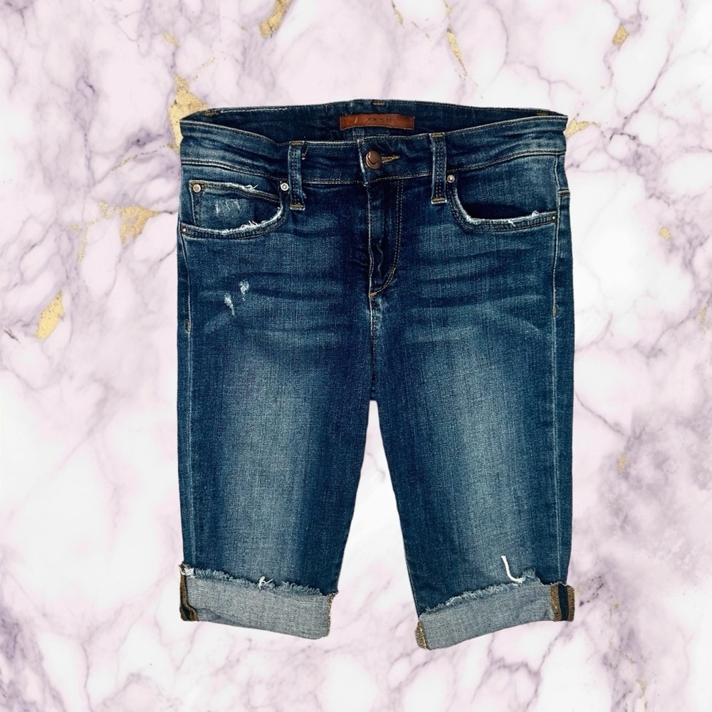 Joeβs Jeans Dark Wash Distressed βKaliaβ Mid-Rise Skinny Bermuda Shorts Size 26